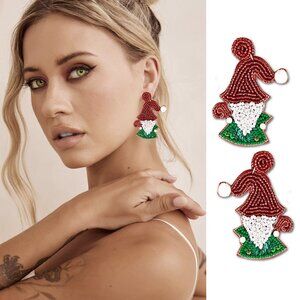 Santa's Elf Christmas Holiday Seed Beaded Statement Earrings Gift NEW